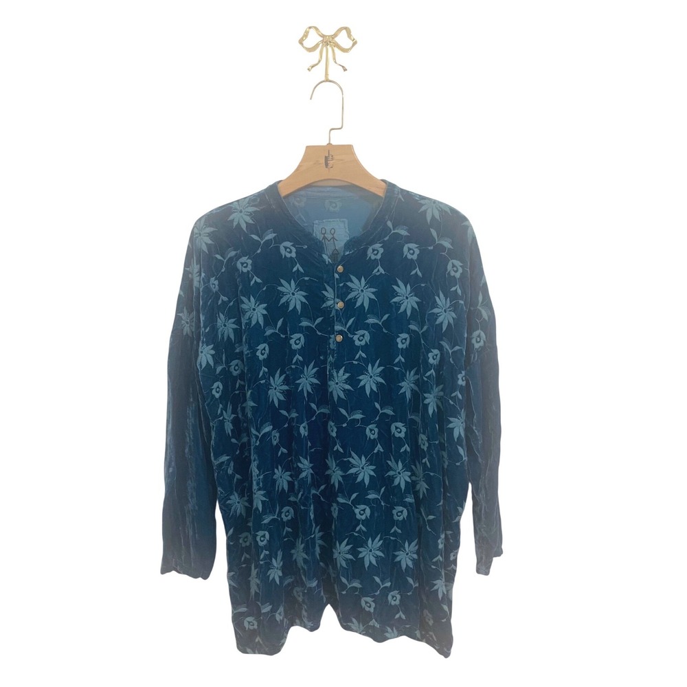 Johnny‎ Was Blue Burnout Velvet Floral Tunic Top Henley Silk Blend Medium